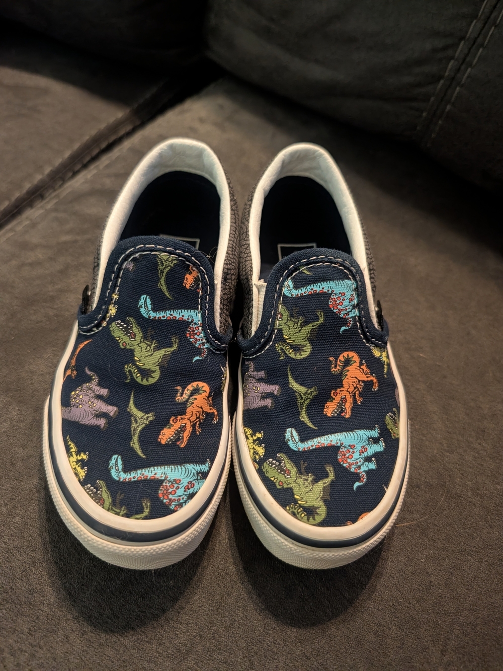 Vans Kids Navy Slip-On Sneakers with Colorful Dinosaur Print
